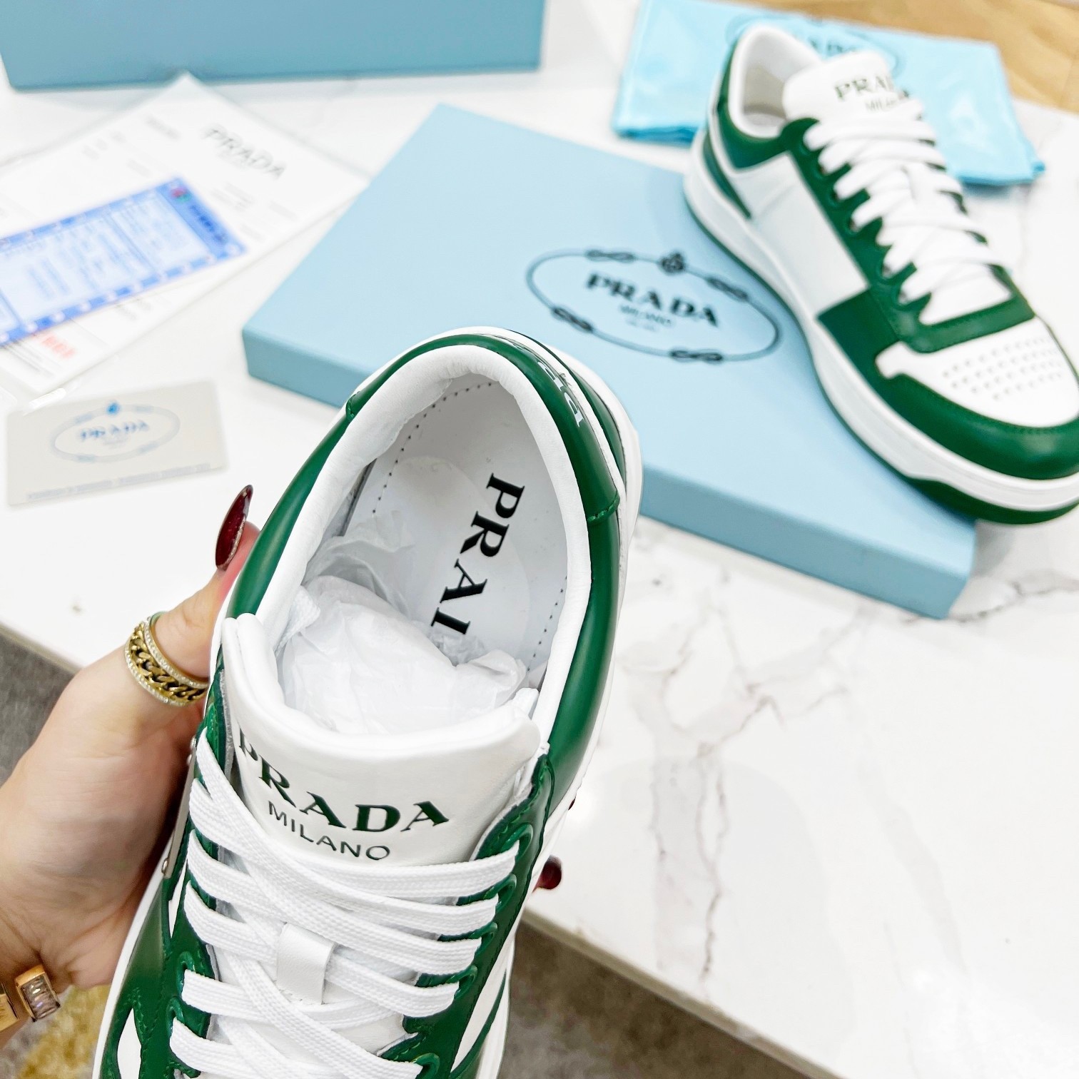 Pra*a downtown sneakers in white and green calfskin