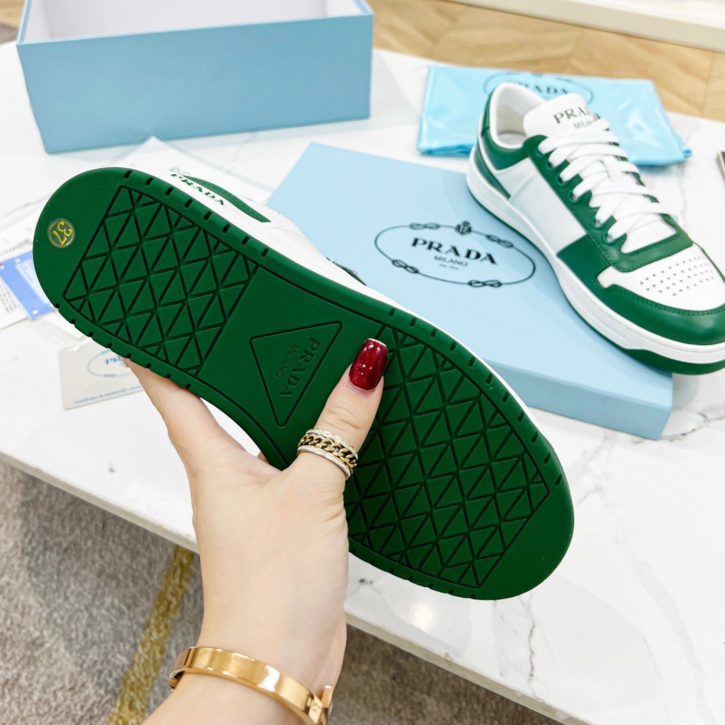 Pra*a downtown sneakers in white and green calfskin