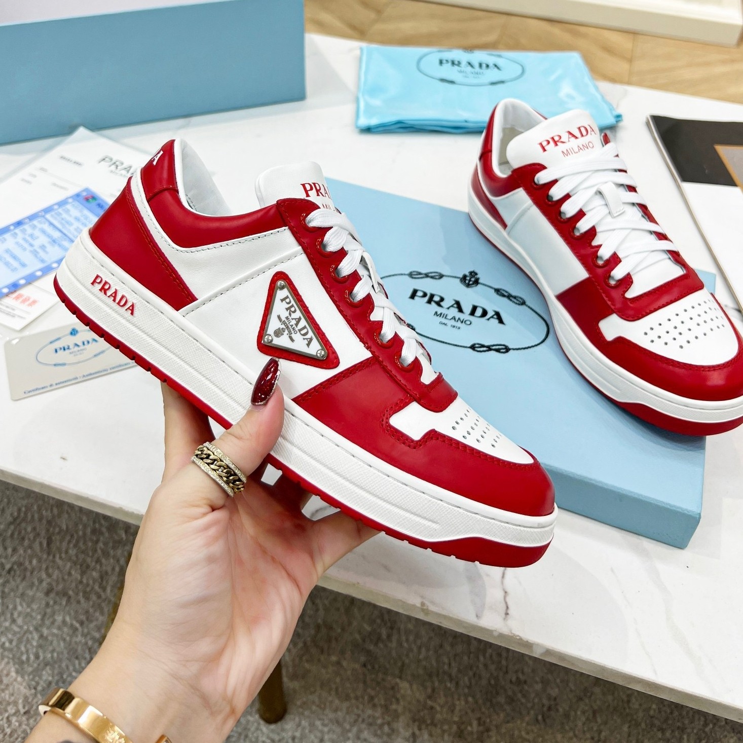Pra*a downtown sneakers in white and red calfskin