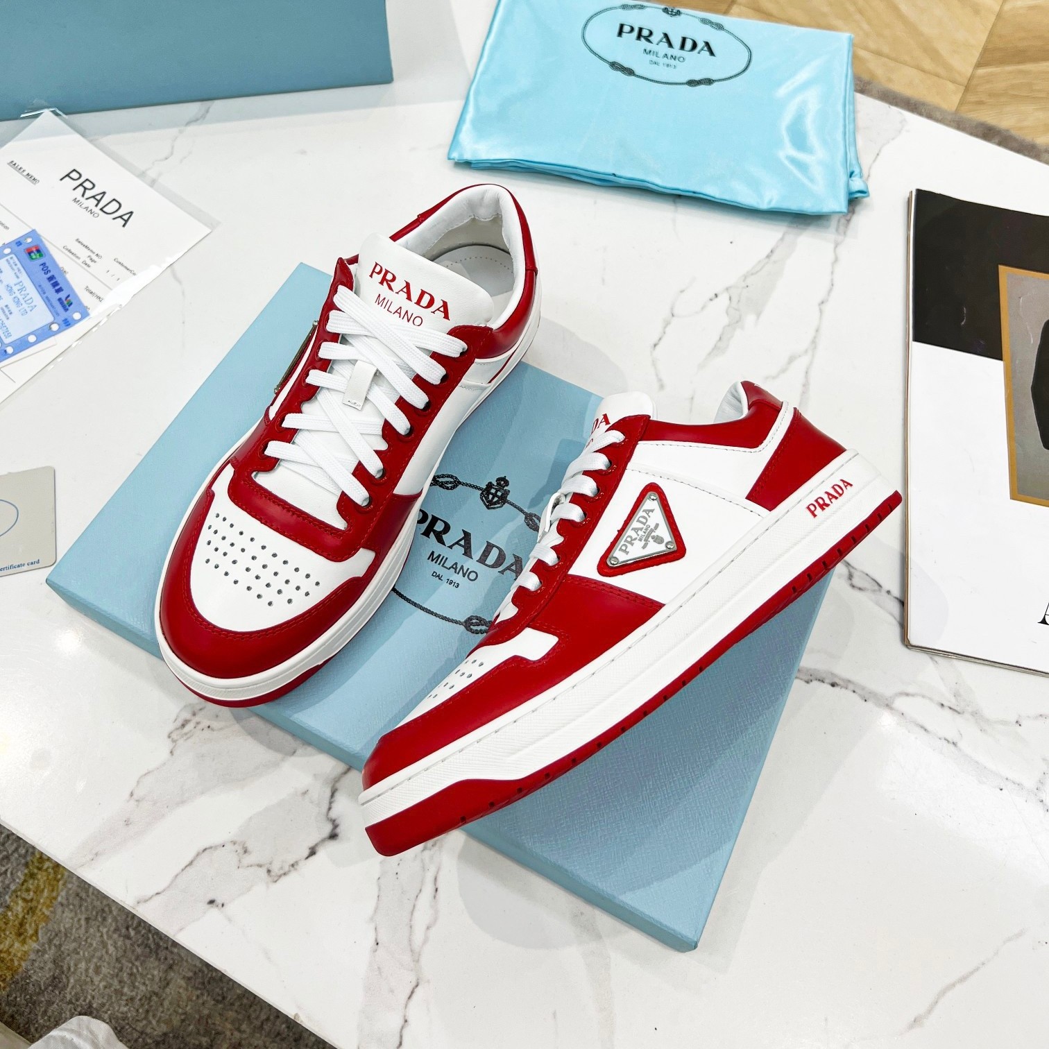 Pra*a downtown sneakers in white and red calfskin