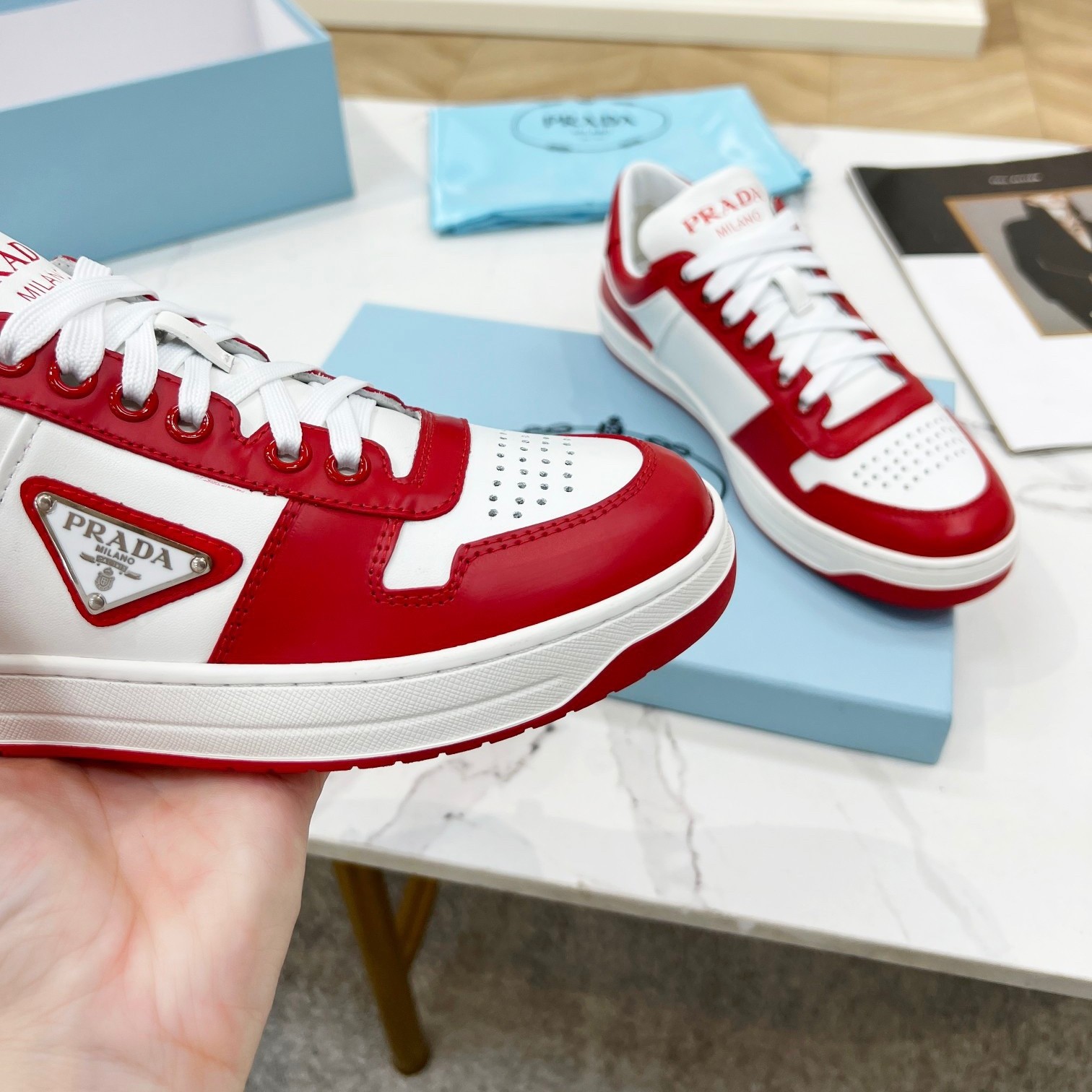 Pra*a downtown sneakers in white and red calfskin