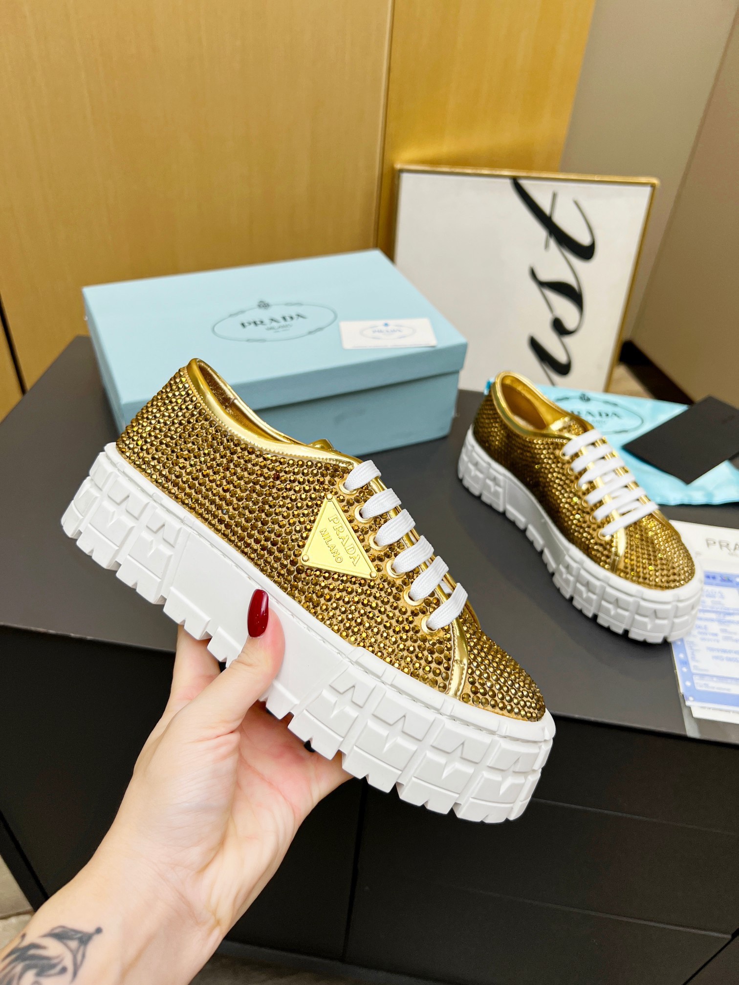 Pra*a double wheel sneakers in satin with crystals