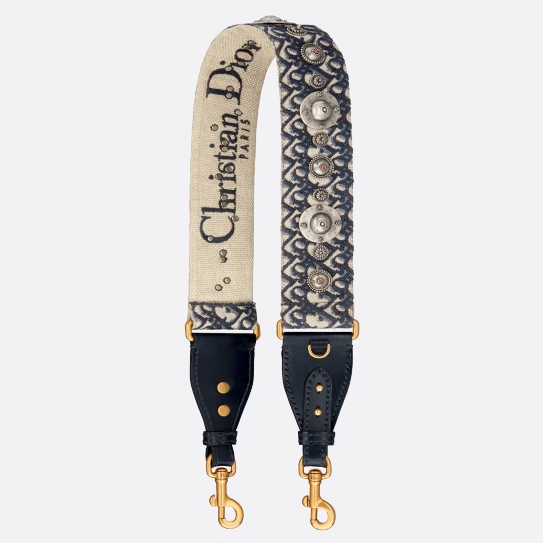 D*or shoulder strap with ring in blue oblique embroidery with medallions