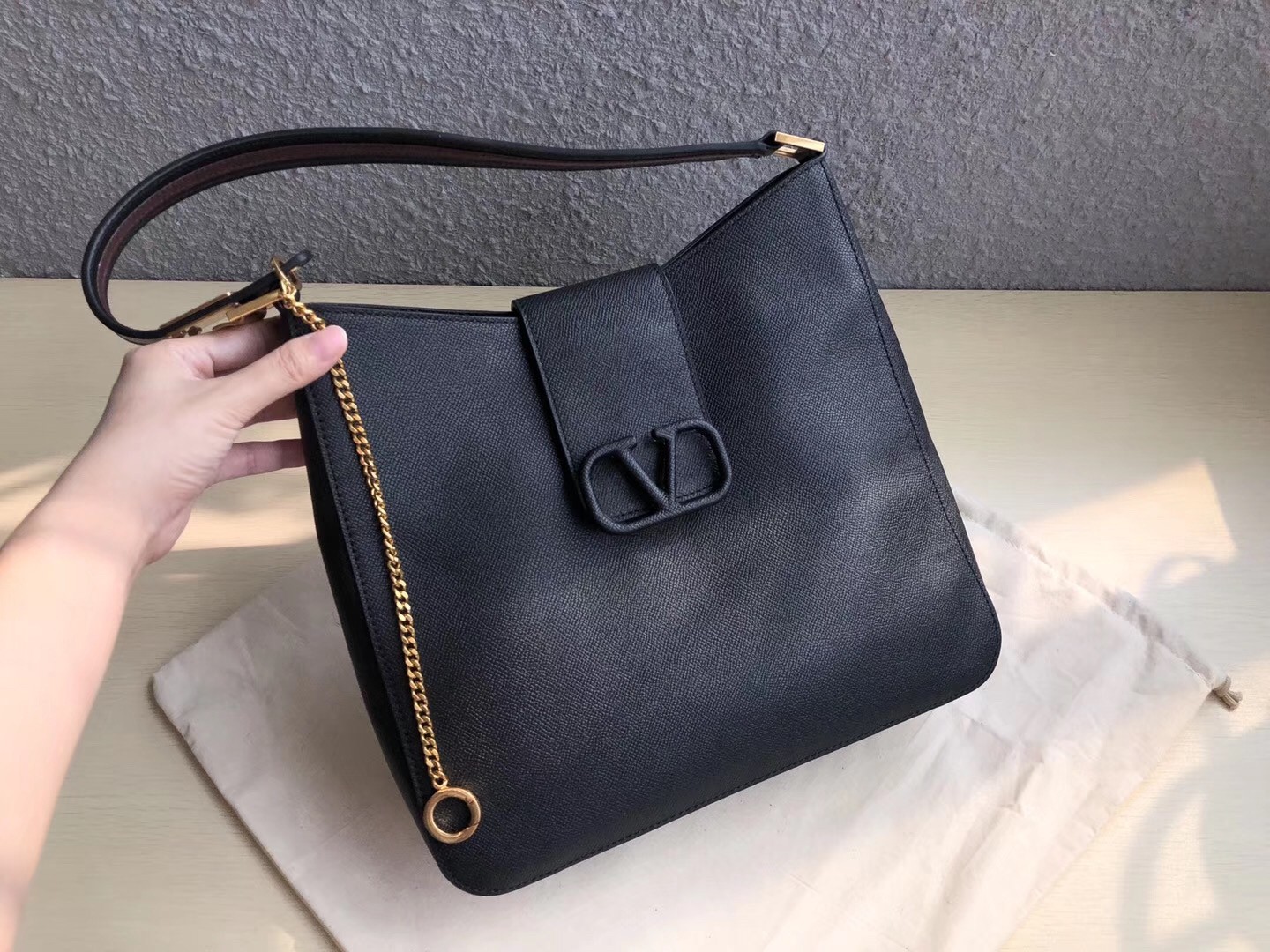 Valentino Vsling Hobo Bag In Black Grainy Calfskin