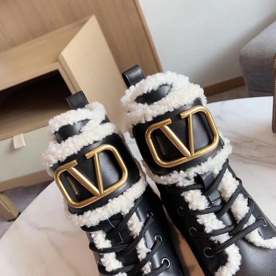 Valentino VLogo Combat Boots with Shearling Lining