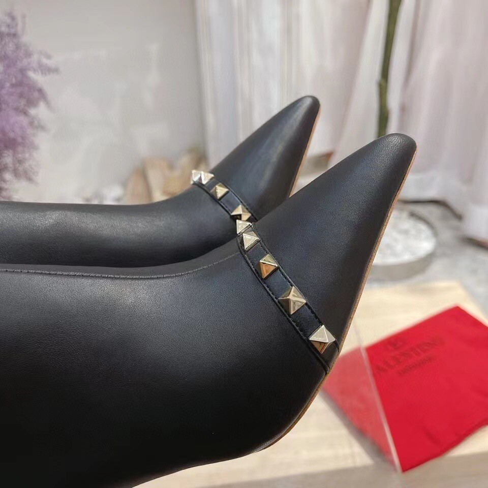 Valentino Black Rockstud Ankle Boots with Sculpted Heel