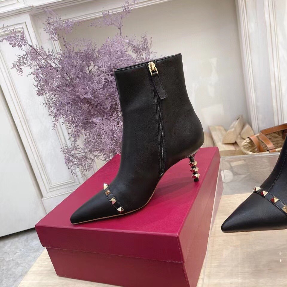 Valentino Black Rockstud Ankle Boots with Sculpted Heel