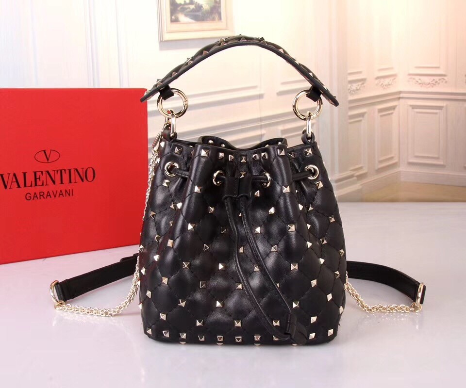 Valentino Small Noir Rockstud Spike Bucket Bag
