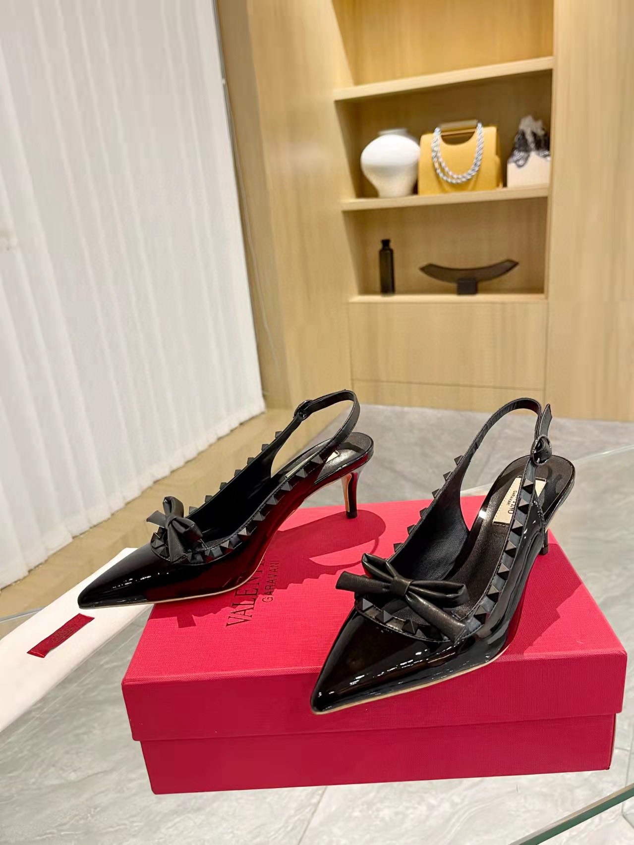 Valentino Rockstud Bow Slingback Pumps 60mm in Black Patent Leather