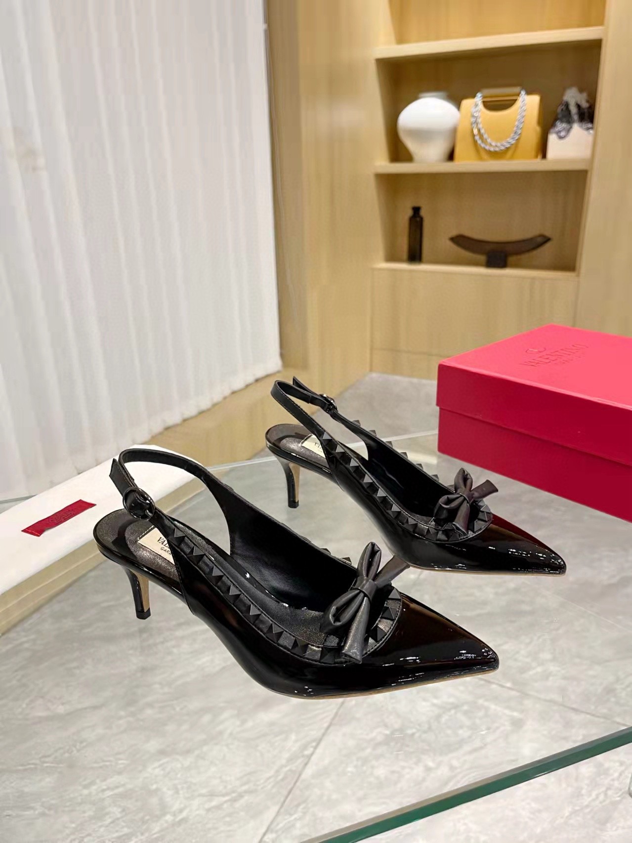 Valentino Rockstud Bow Slingback Pumps 60mm in Black Patent Leather