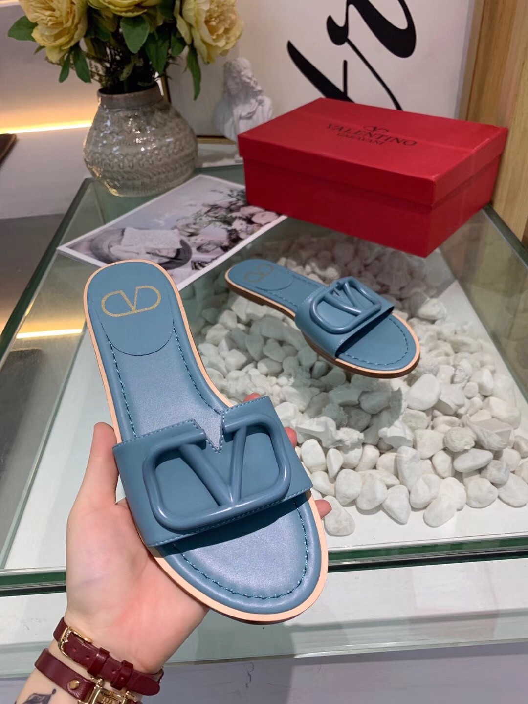 Valentino Vlogo Flat Slide Sandals In Amadeus Calfskin