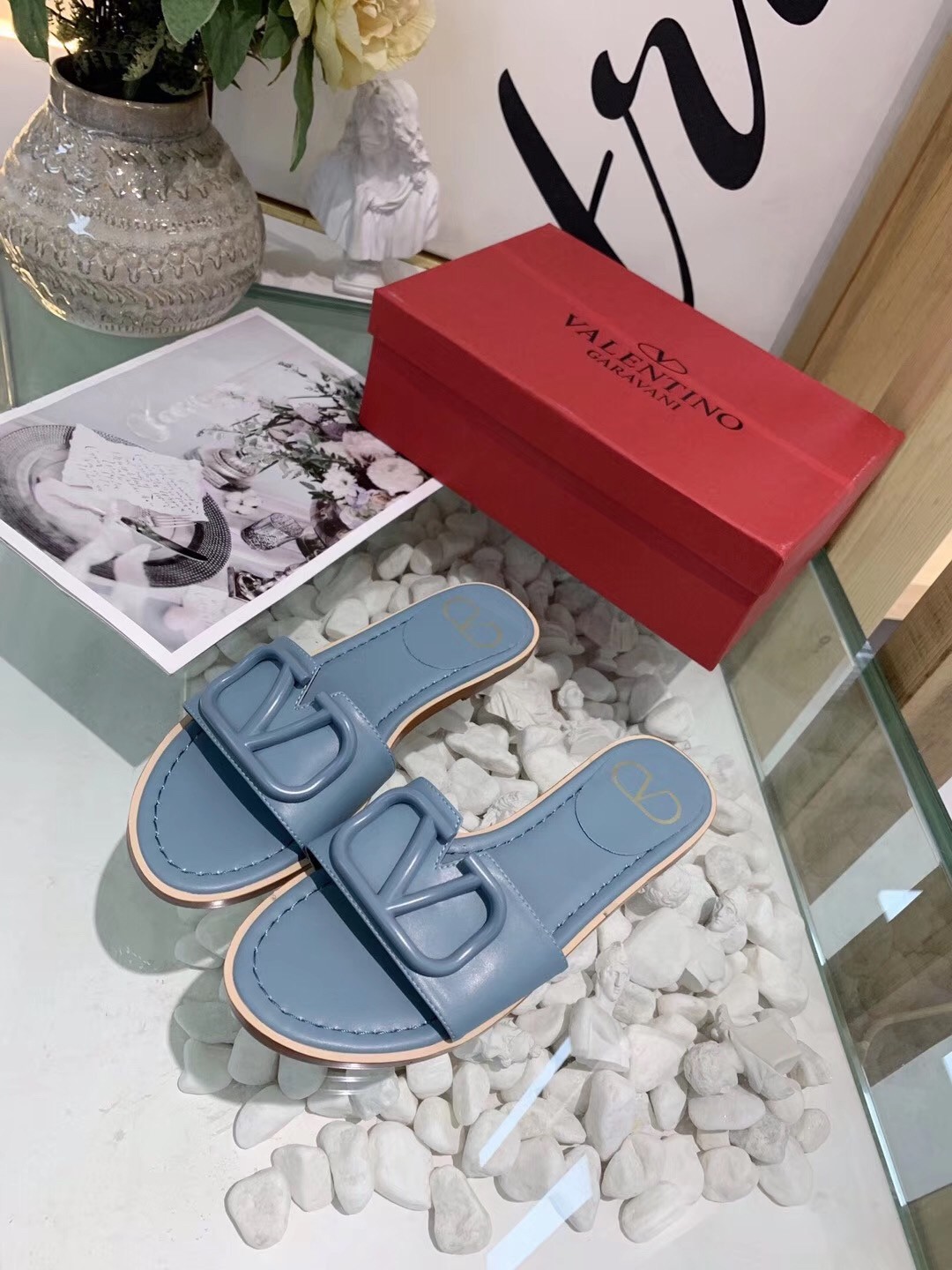 Valentino Vlogo Flat Slide Sandals In Amadeus Calfskin