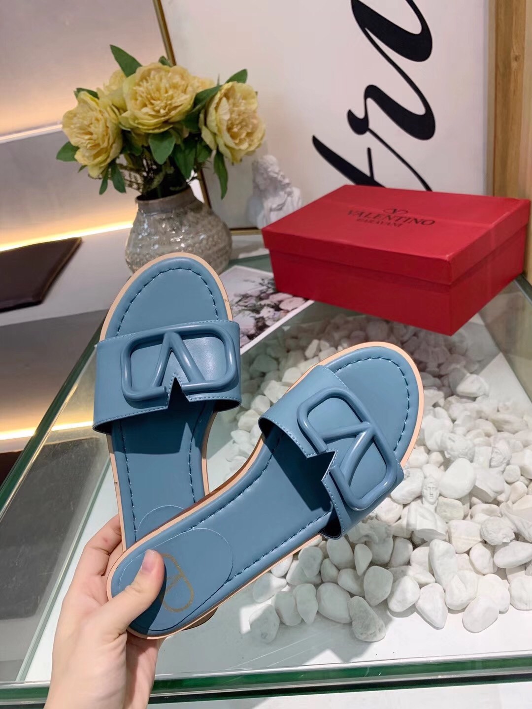 Valentino Vlogo Flat Slide Sandals In Amadeus Calfskin