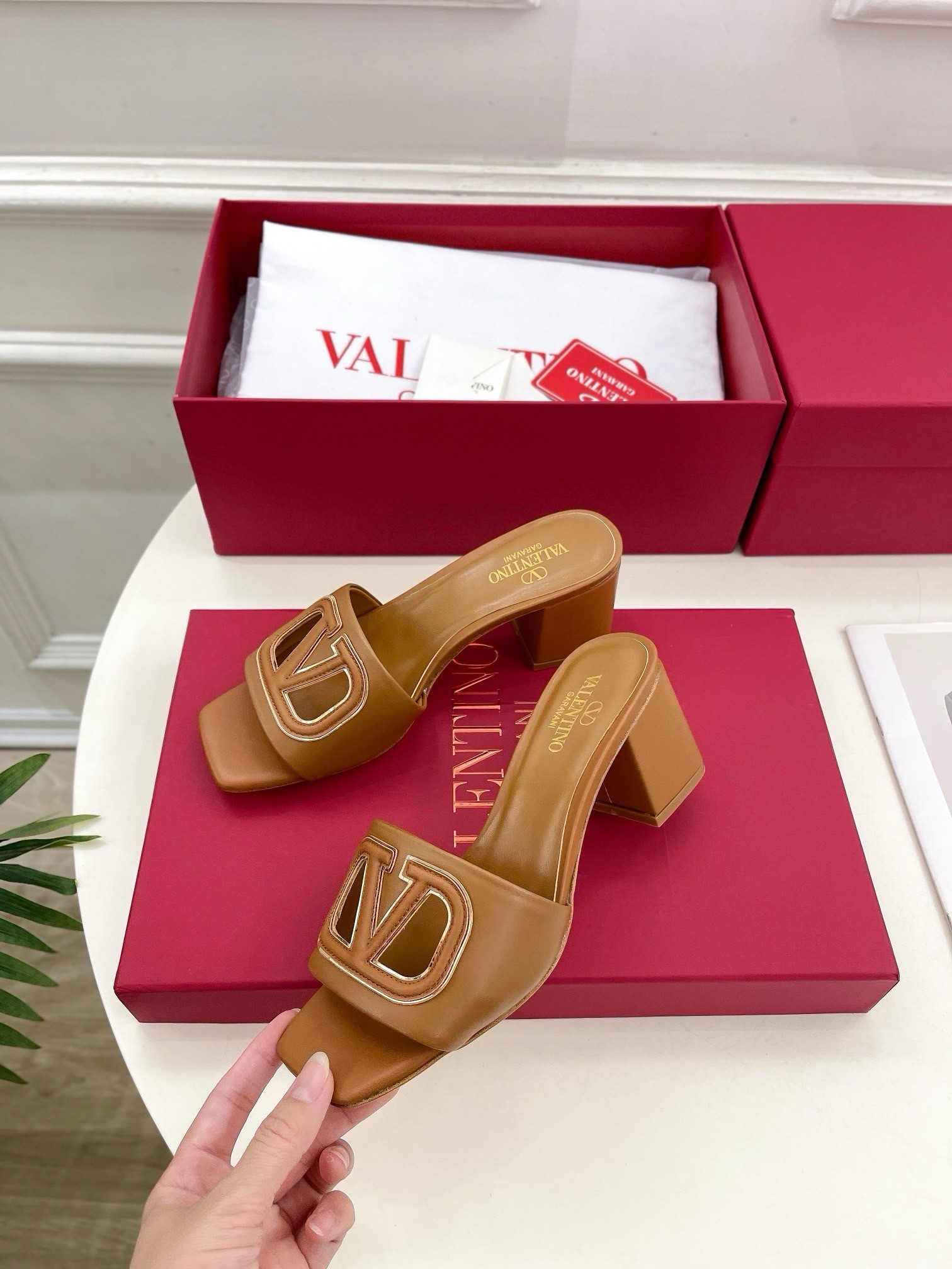 Valentino VLogo Cut-out Slide Sandals 60mm in Brown Leather