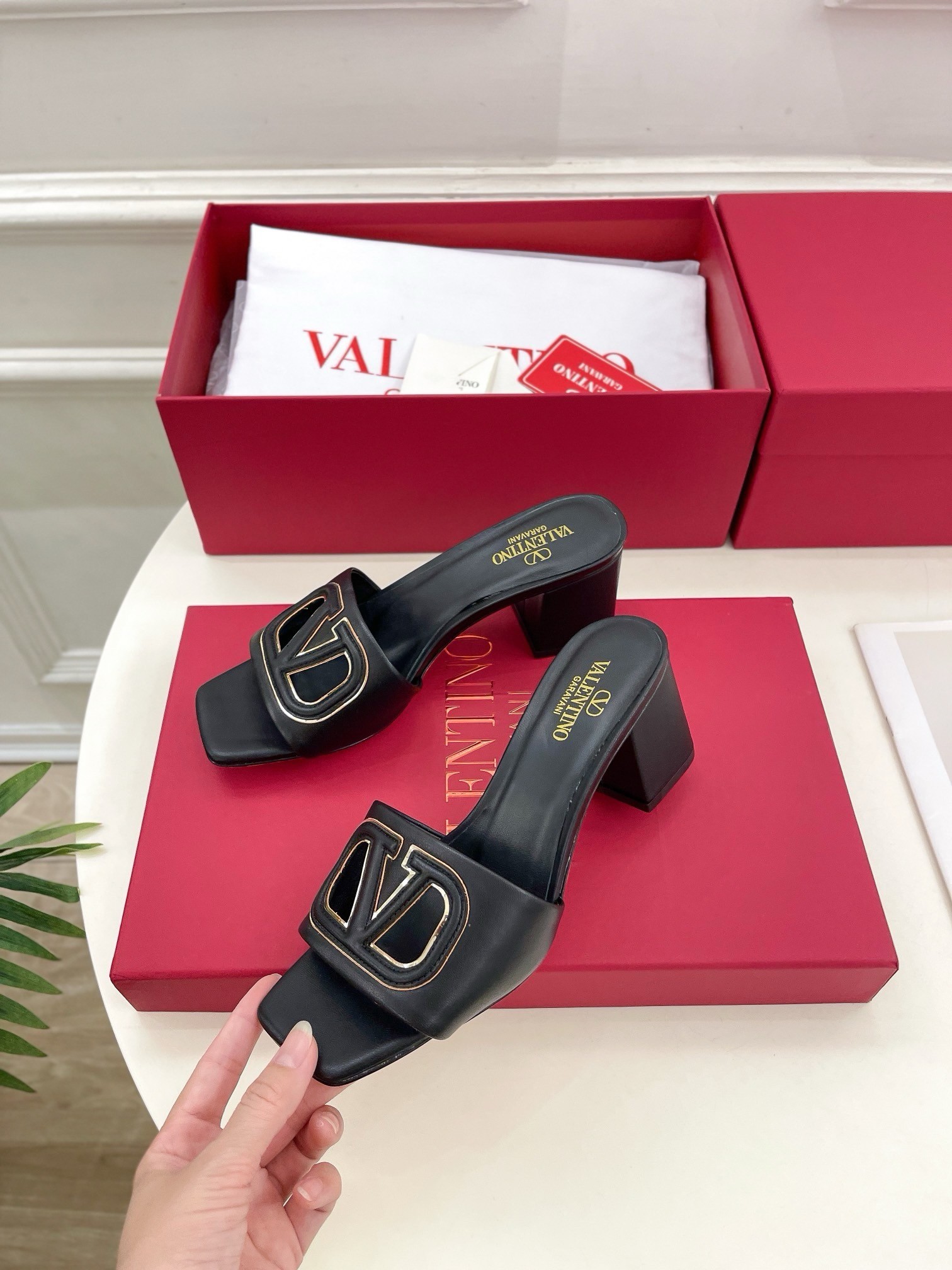 Valentino VLogo Cut-out Slide Sandals 60mm in Black Leather