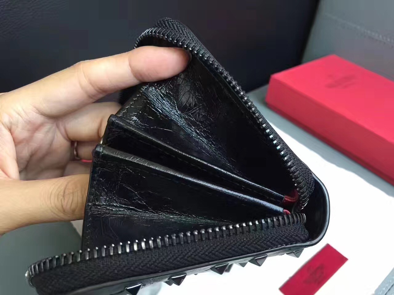 Valentino Rockstud Spike Zip Wallet In Noir Lambskin
