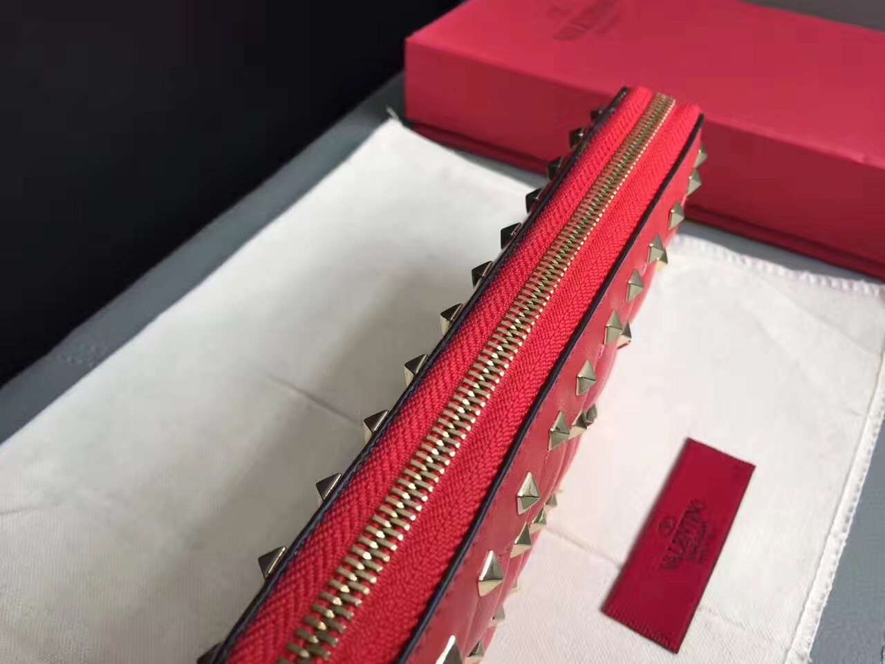 Valentino Rockstud Spike Zip Wallet In Red Lambskin
