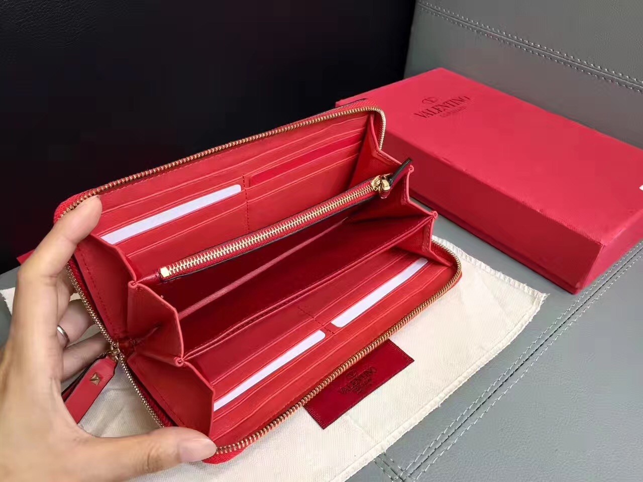 Valentino Rockstud Spike Zip Wallet In Red Lambskin
