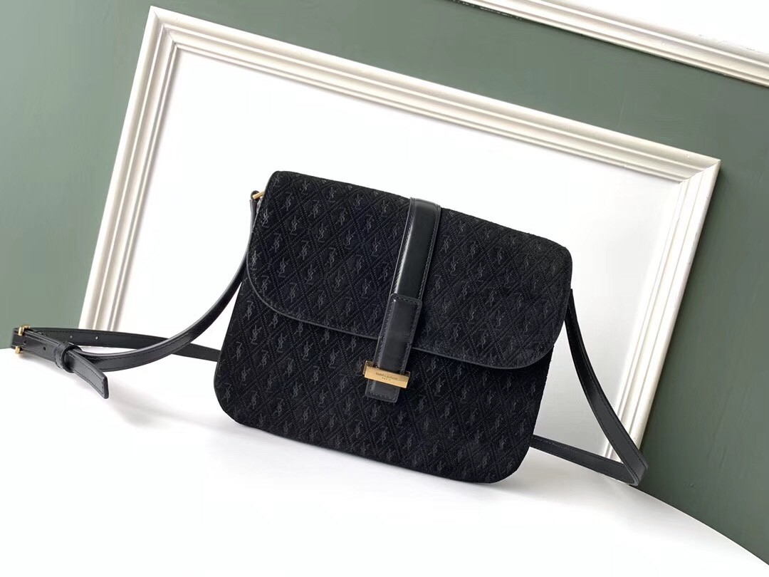 Sa**t Lau*nt monogram all over small satchel in black suede