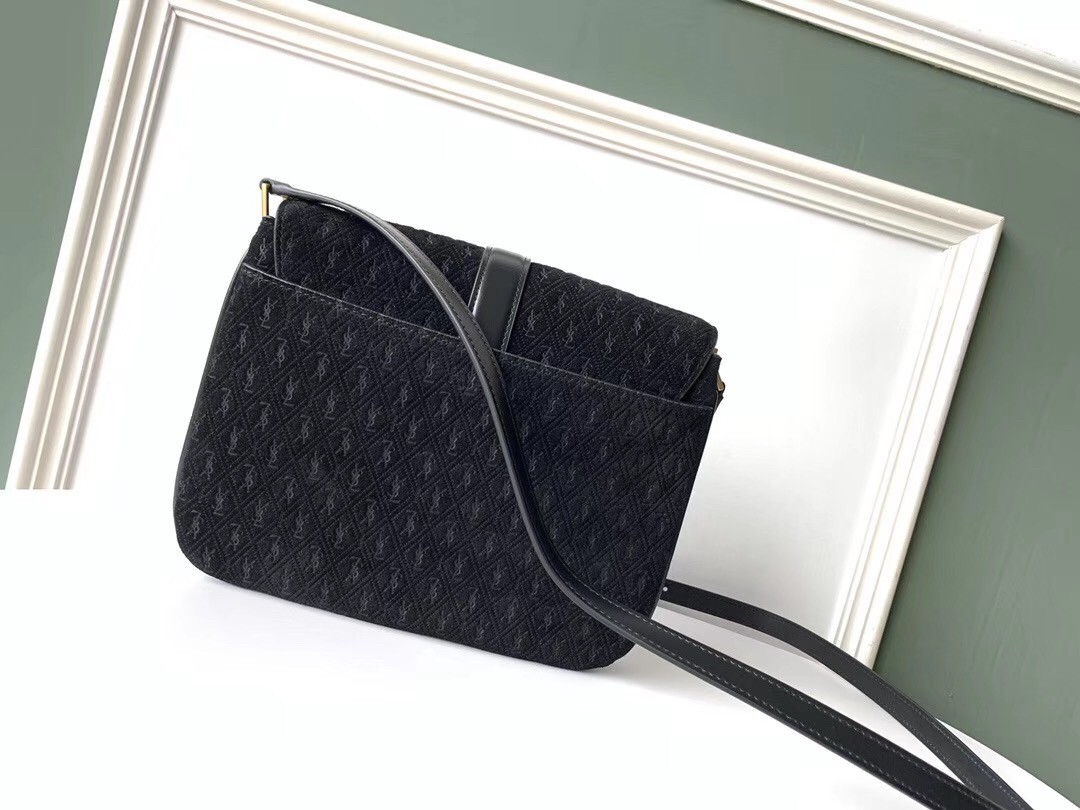 Sa**t Lau*nt monogram all over small satchel in black suede