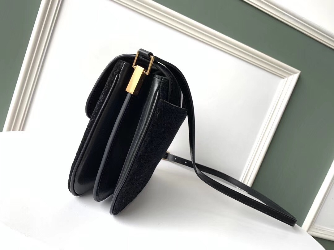 Sa**t Lau*nt monogram all over small satchel in black suede