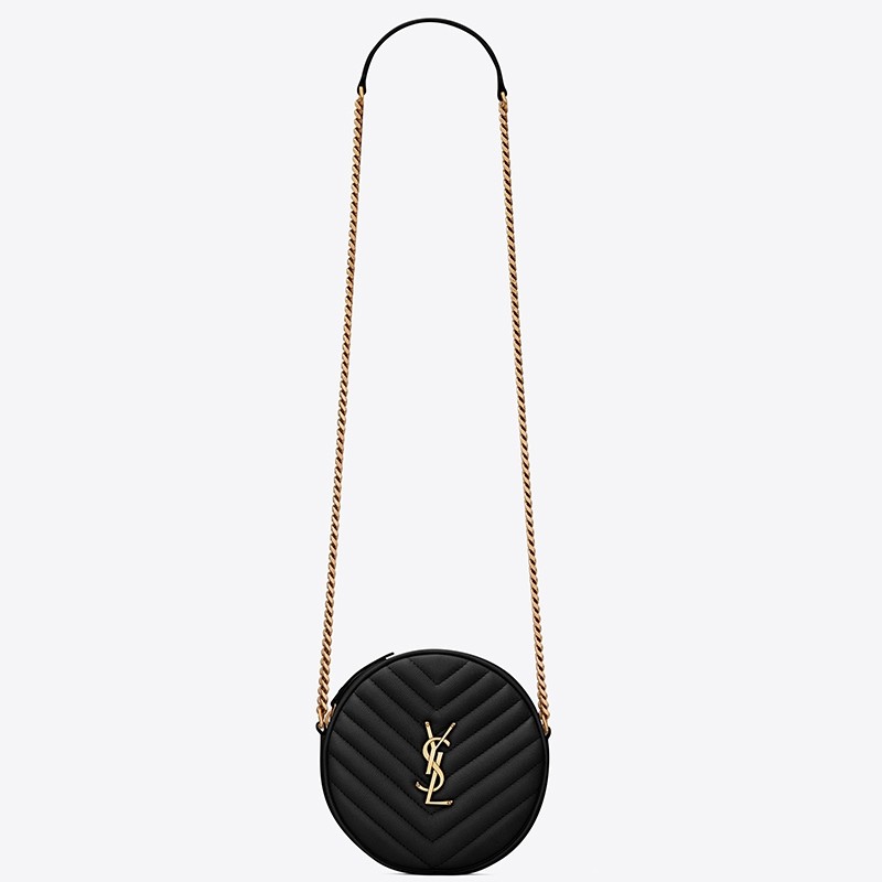 Sa**t Lau*nt vinyle round camera bag in black grained leather