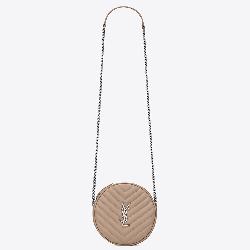 Sa**t Lau*nt vinyle round camera bag in beige grained leather
