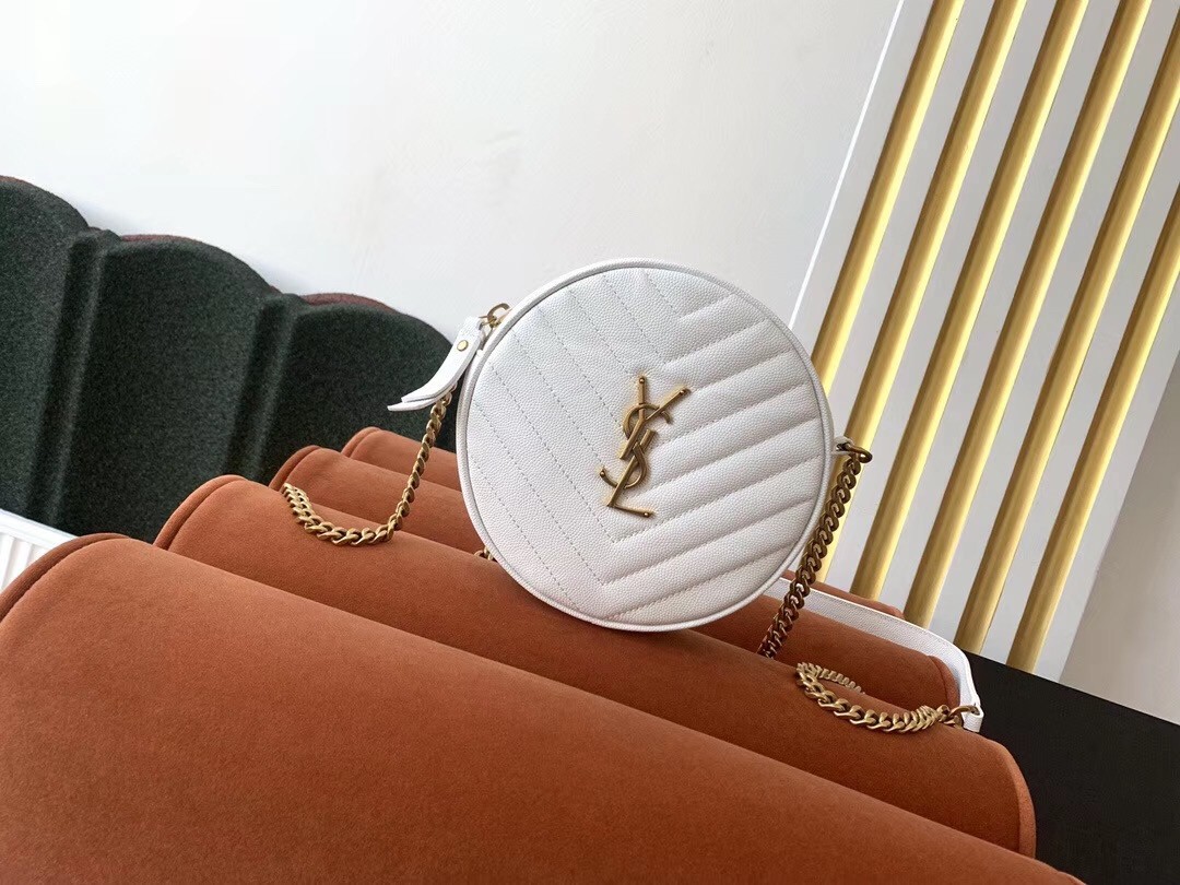 Sa**t Lau*nt vinyle round camera bag in white grained leather