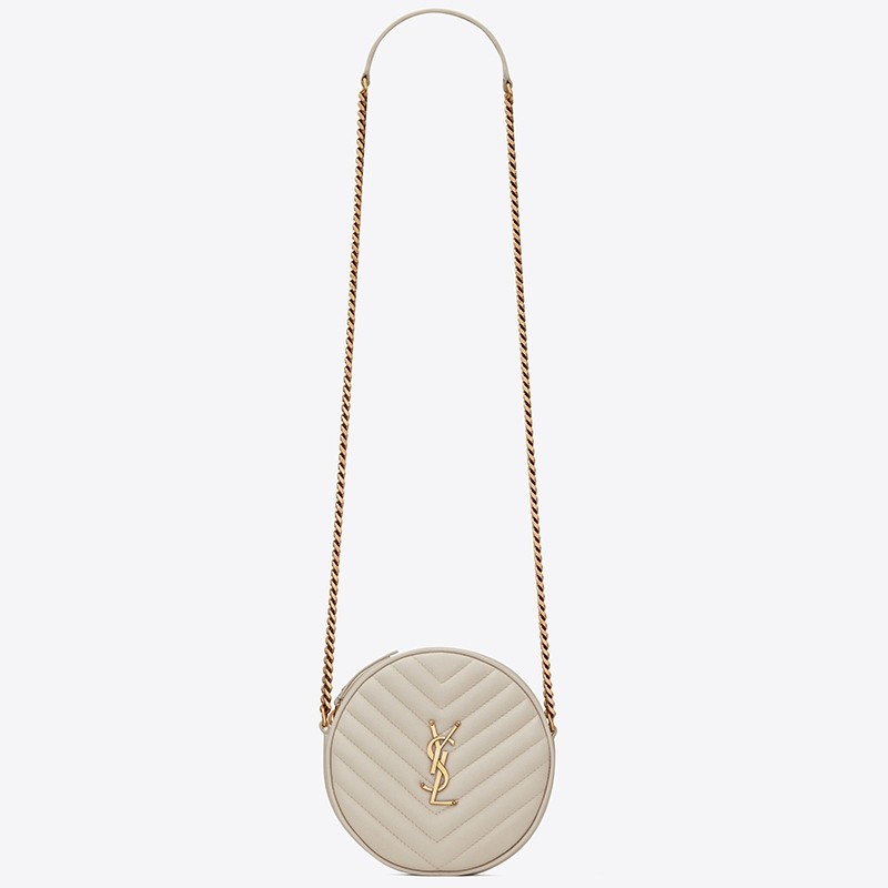 Sa**t Lau*nt vinyle round camera bag in white grained leather