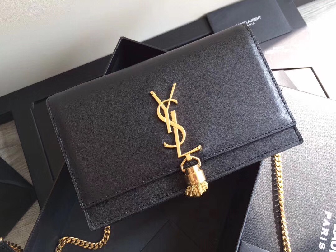 Sa**t Lau*nt woc kate tassel chain wallet in black calfskin
