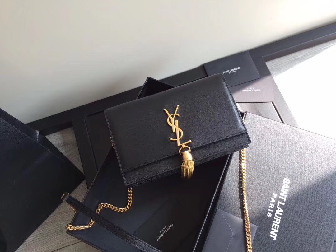 Sa**t Lau*nt woc kate tassel chain wallet in black calfskin
