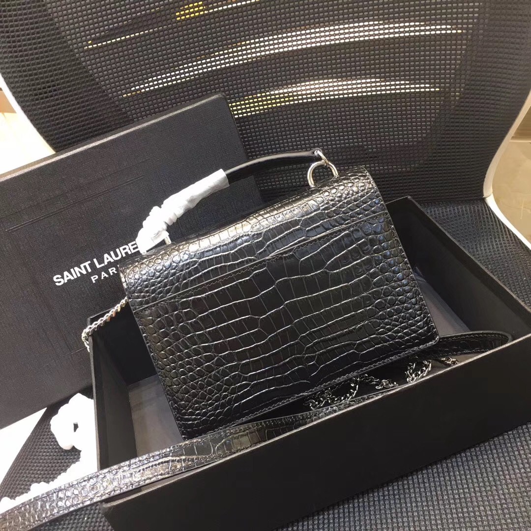 Sa**t Lau*nt woc sunset chain wallet in black croc-embossed leather