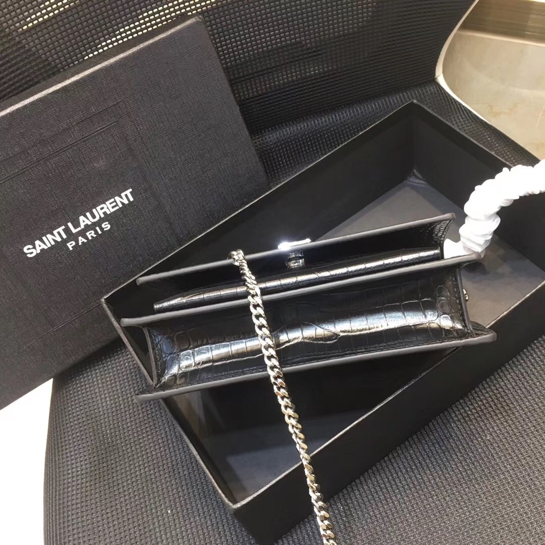 Sa**t Lau*nt woc sunset chain wallet in black croc-embossed leather