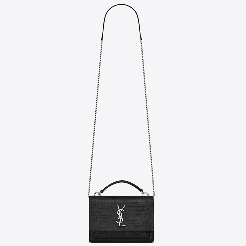 Sa**t Lau*nt woc sunset chain wallet in black croc-embossed leather