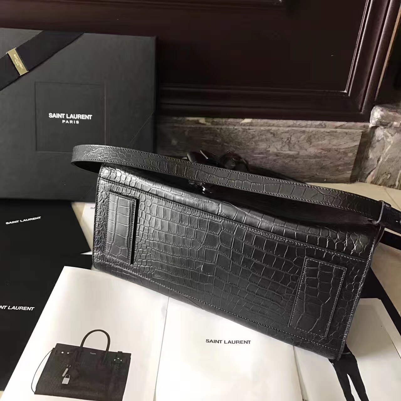 Sa**t Lau*nt small sac de jour souple bag in black crocodile leather