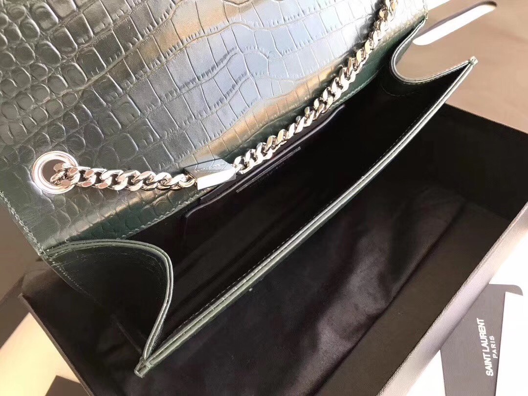 Sa**t Lau*nt medium kate bag with tassel in dark green croc-embossed leather