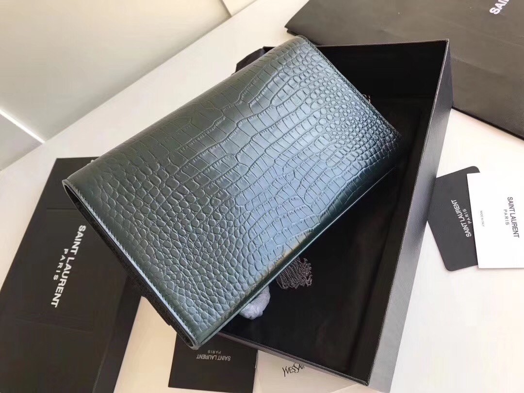 Sa**t Lau*nt medium kate bag with tassel in dark green croc-embossed leather