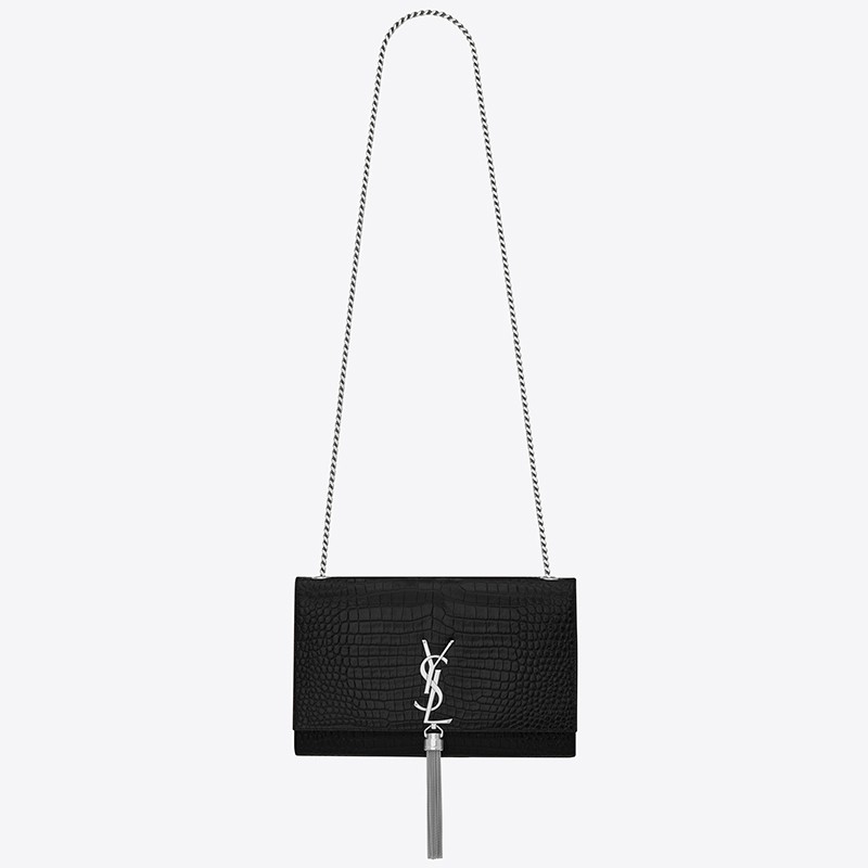 Sa**t Lau*nt medium kate bag with tassel in black croc-embossed leather