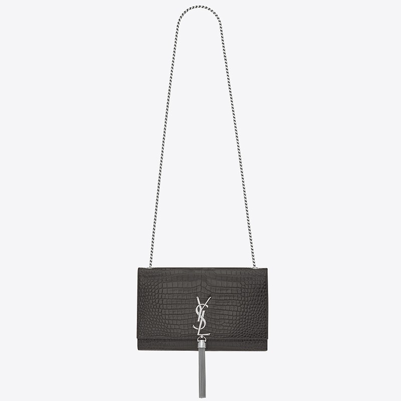 Sa**t Lau*nt medium kate bag with tassel in storm croc-embossed leather