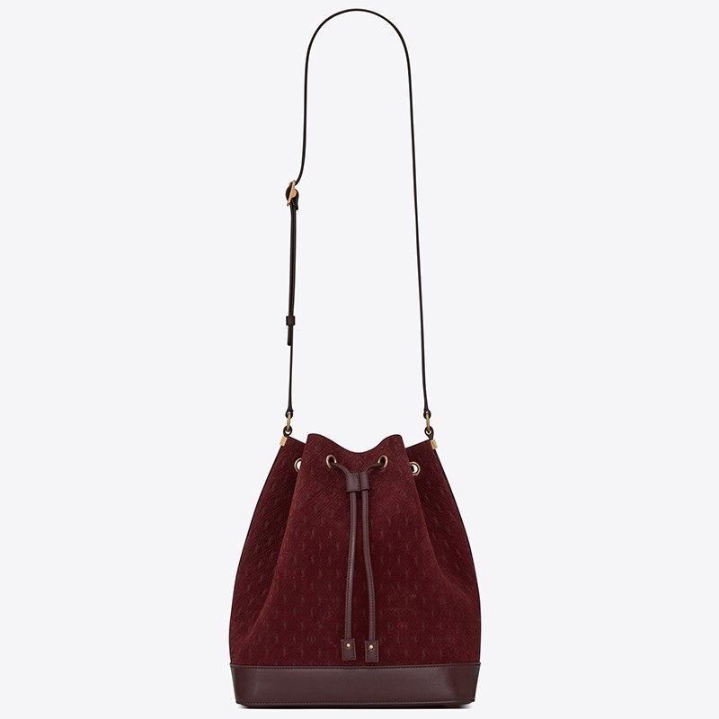 Sa**t Lau*nt monogram all over bucket bag in bordeaux suede