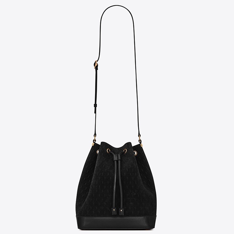 Sa**t Lau*nt monogram all over bucket bag in black suede