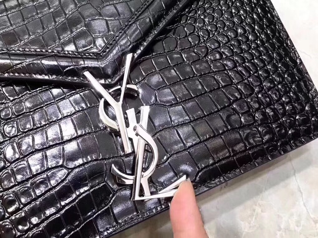 Sa**t Lau*nt cassandra clasp bag in black croc-embossed leather