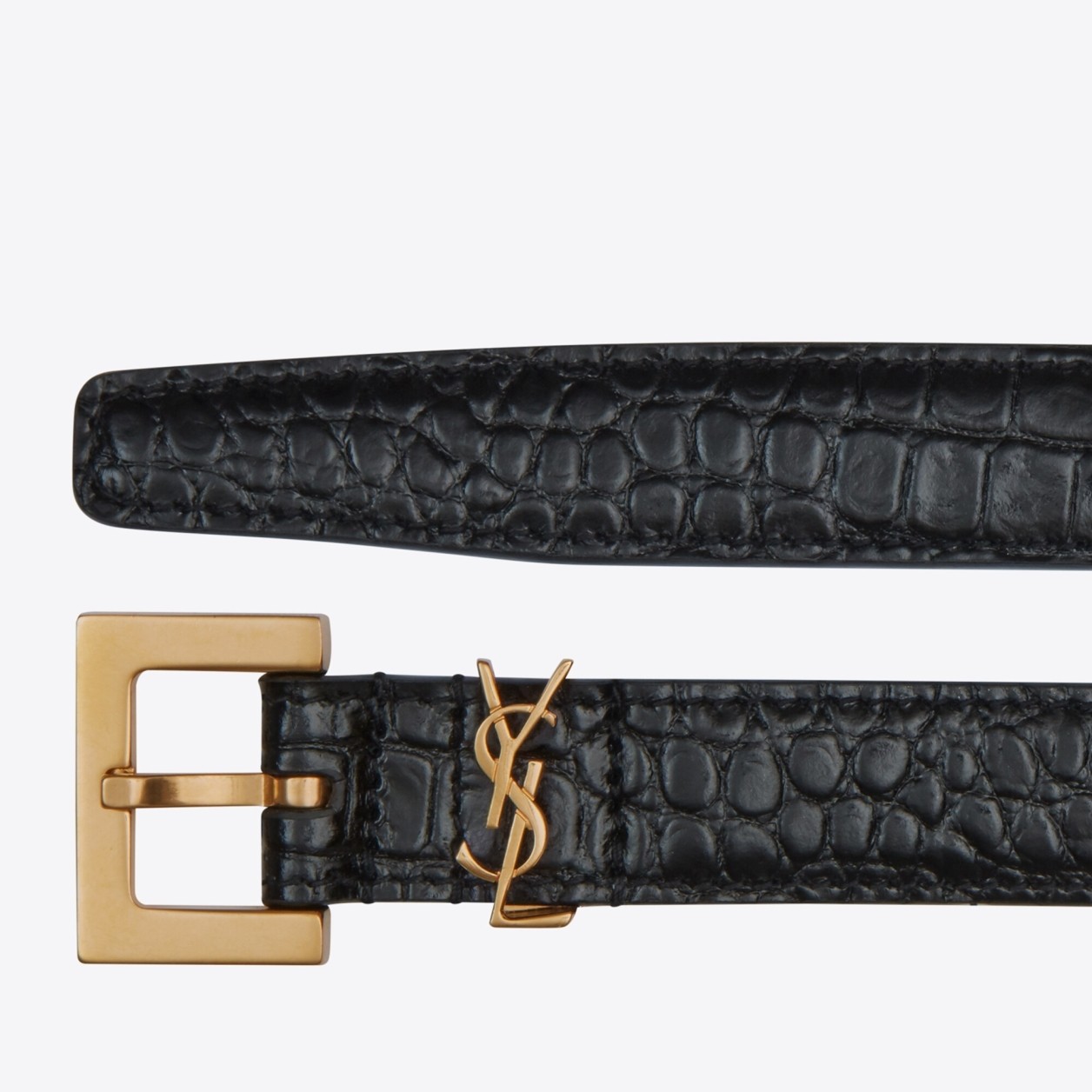 Sa**t Lau*nt cassandre square buckle belt 20mm in black crocodile-embossed leather
