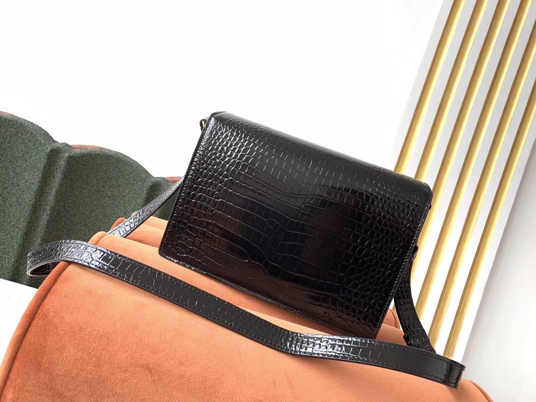 Sa**t Lau*nt margaux satchel in black crocodile embossed leather