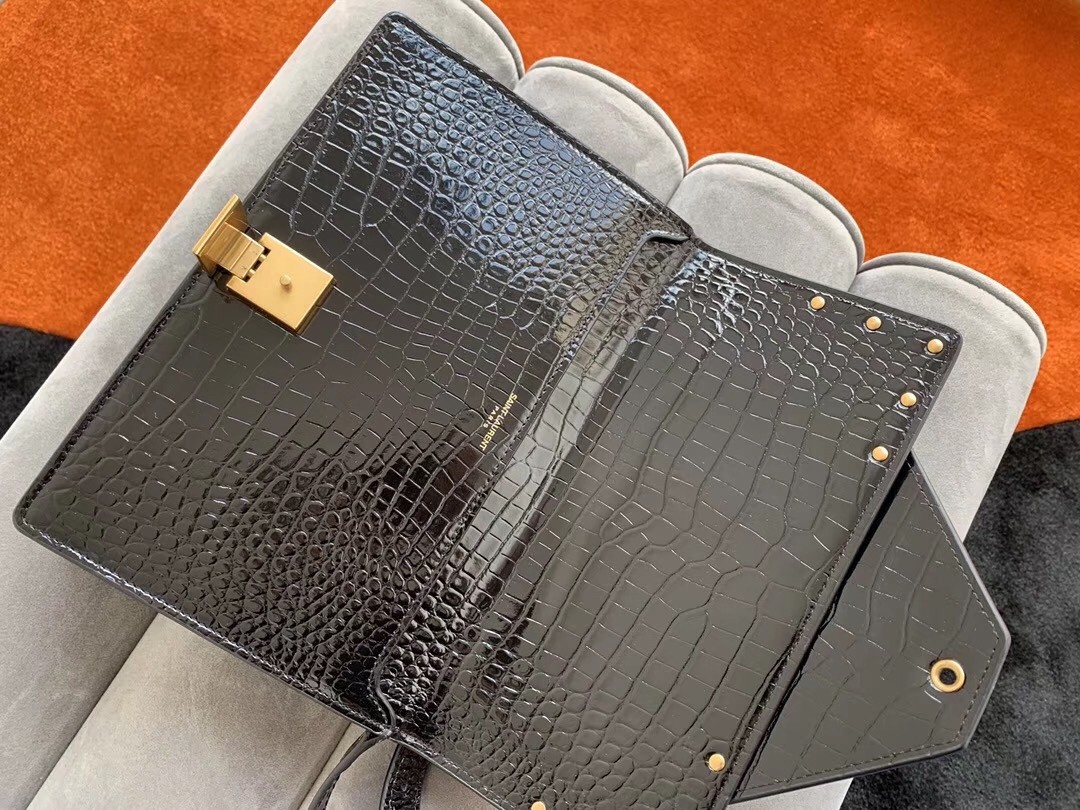 Sa**t Lau*nt margaux satchel in black crocodile embossed leather