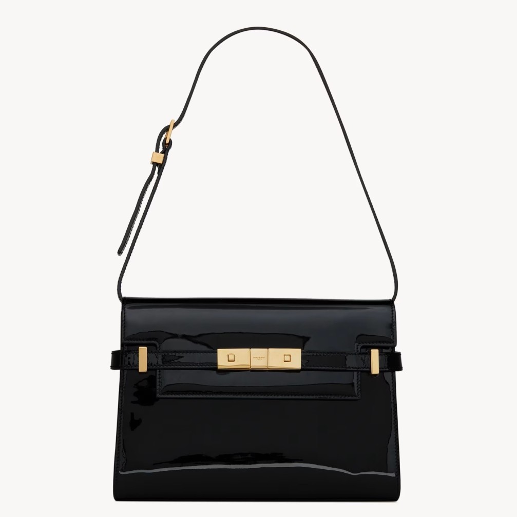 Sa**t Lau*nt manhattan small shoulder bag in black patent calfskin