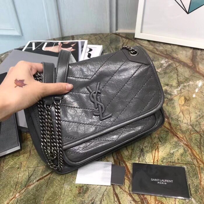 Sa**t Lau*nt baby niki chain bag in storm gray crinkled leather