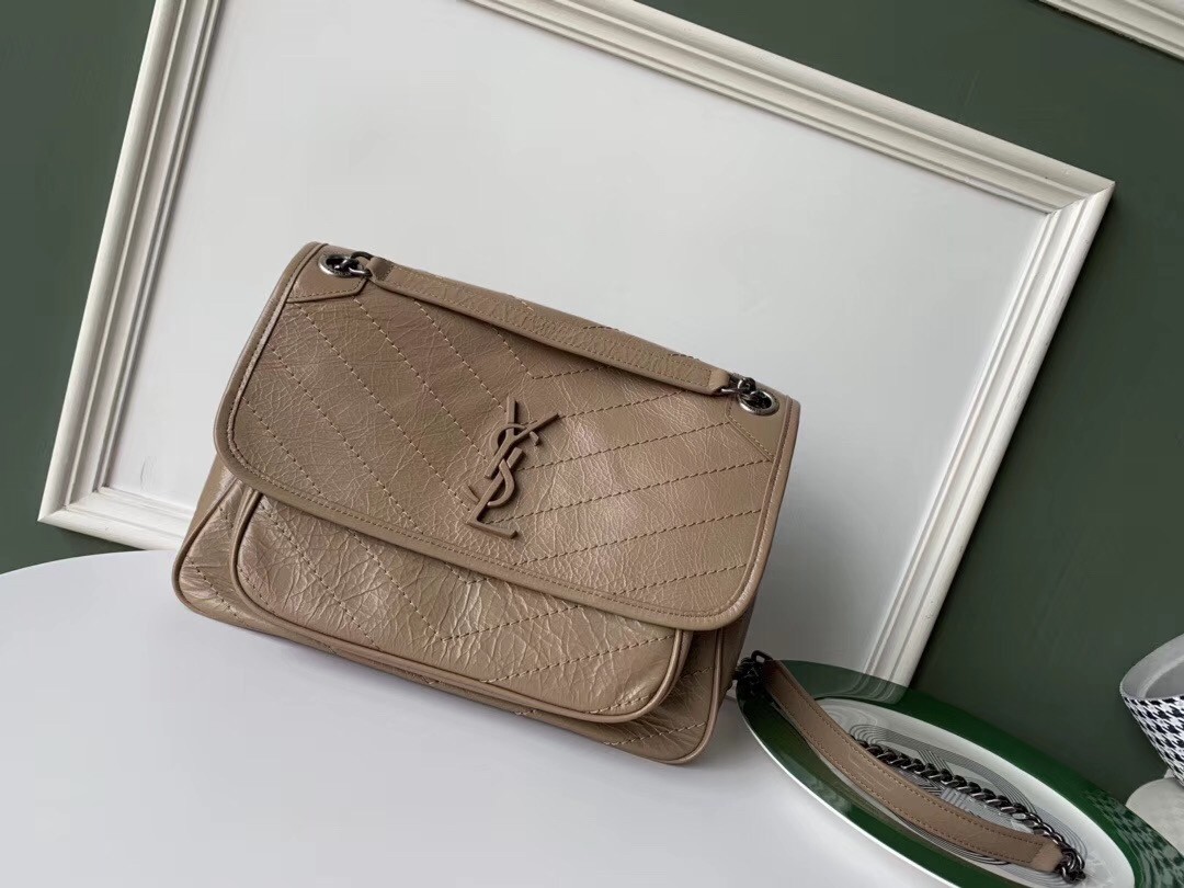 Sa**t Lau*nt medium niki bag in taupe crinkled leather