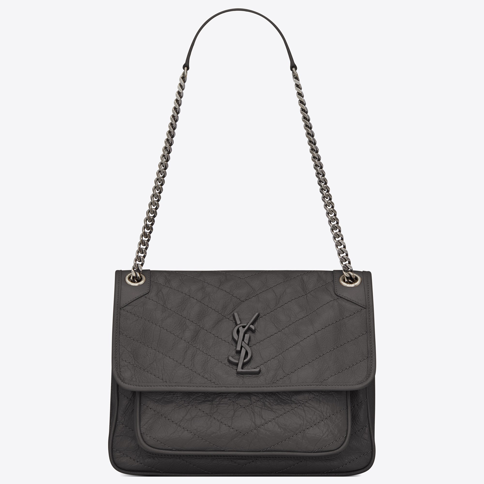 Sa**t Lau*nt medium niki bag in storm gray crinkled leather