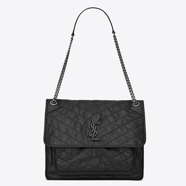 Sa**t Lau*nt large niki chain bag in black crinkled leather